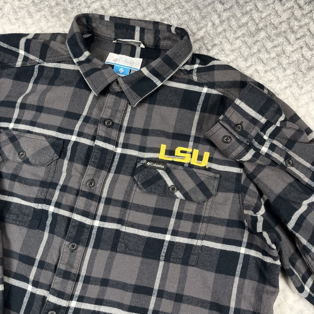 Columbia CLG Flare Gun Flannel Shirt NCAA LSU TIGERS Black Gray Plaid Mens XL
